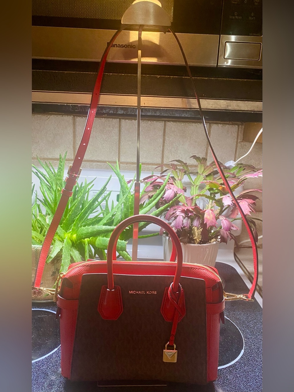 MICHAEL KORS NWOT Mercer Small Logo Belted Satchel Brown & Bright Red MSRP $298